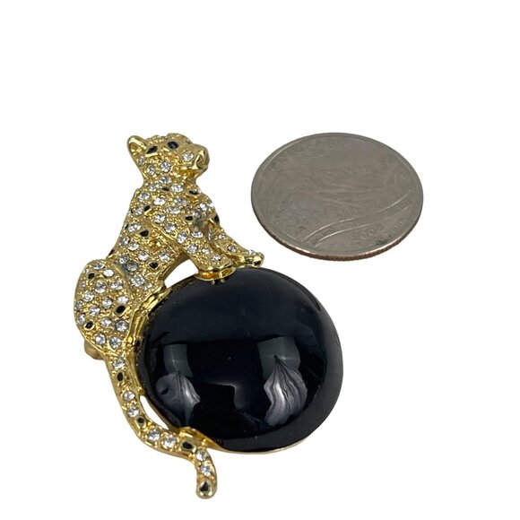 Gold Leopard Brooch Pin With Black Onyx and  Rhinestone Accents - Picture 7 of 8